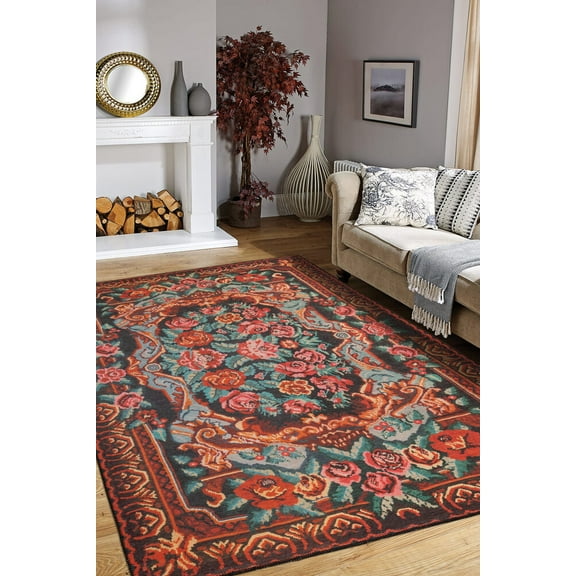 Saumur Red Floral Polyester Digital Print Decorative Area Rug