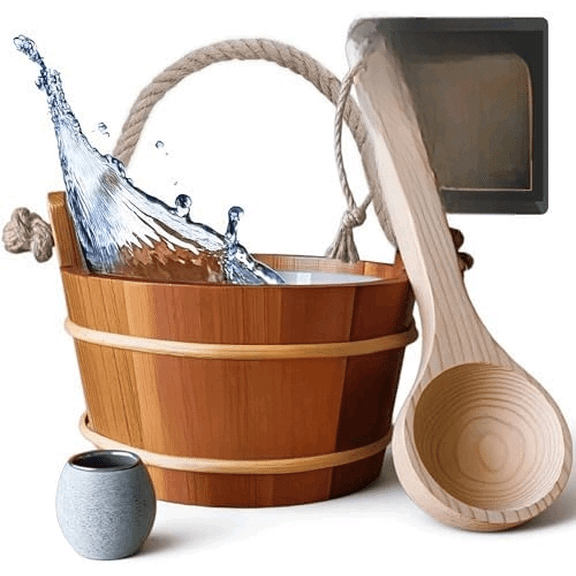 Sauna Bucket and Ladle Set with Sauna Essential Oil Diffuser Canadian Red Cedar Wood 1 Gallon (4 Liters) Sauna Aromatherapy Bowl Wooden Bucket with Rope Handle Sauna Accessories Luxury