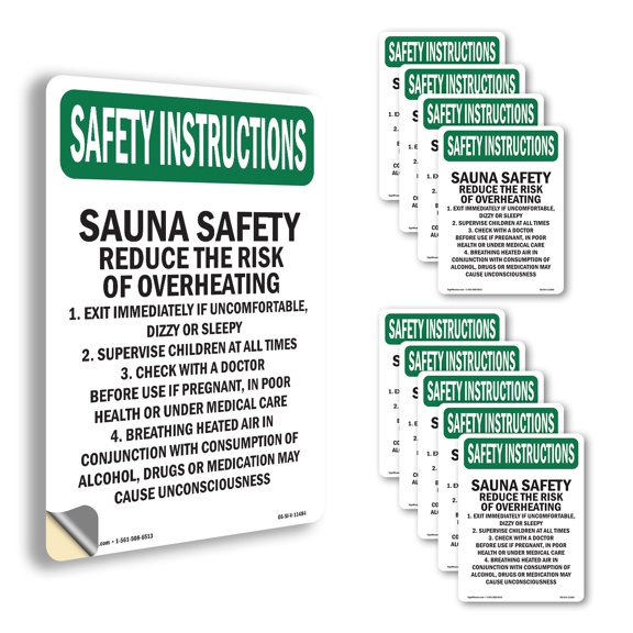 Sauna Safety Reduce The Risk OSHA Safety Instructions Vinyl Decal Label 14 Inch x 10 Inch - 10 Pack