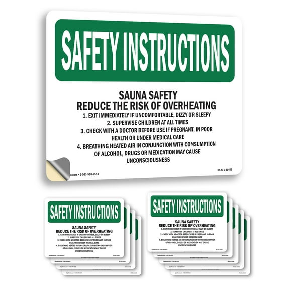 Sauna Safety Reduce The Risk Of Overheating OSHA Safety Instructions Vinyl Decal Label 10 Inch x 7 Inch - 10 Pack