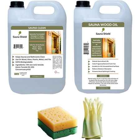 Sauna Wood Care Set: Sauna Wood Oil & Sauna Wood/Room Cleaner (1.32 Gallons Each) with Sponge Applicator & Gloves