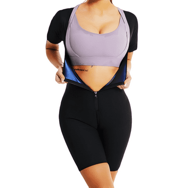 Sauna Suit for Women Sweat Vest Waist Trainer 3 in 1 Slimming Full Body Shaper Workout Top with Sleeve Shorts
