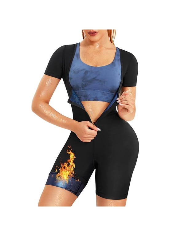 Sauna Suit for Women Full Body Jumpsuit Waist Trainers for Women Belly Fat Workout Sweat Suit, 3 in 1 Slimming Full Body Shaper Workout Top with Sleeve Shorts Black Blue-Inner S