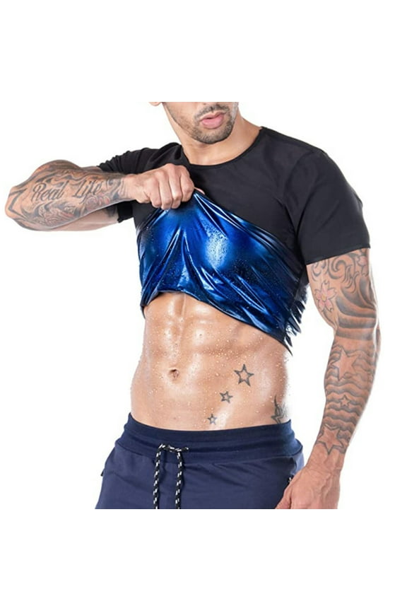 Sauna Suit for Men Short Sleeve Workout Sauna Shirt Compression Sweat Vest Slim Body Shaper Black+Blue 2XL