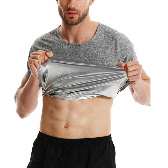 Sauna Suit for Men Short Sleeve Workout Sauna Shirt Compression Sweat Vest Slim Body Shaper Gray+Silver L