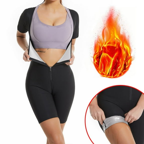 Sauna Suit for Women, Weight Loss Sauna Shirt, Waist Trainer Sweat Vest, Belly Workout, 3 in 1 Full Body Shaper Workout Top Black+Silver L