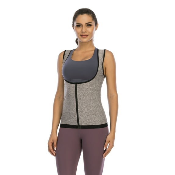 Sauna Sweat Vest for Women Heat Trapping Workout Tank Top Sauna Suit Compression Shirts Fitness with Zipper, Gray, L