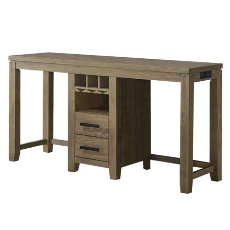 Besthom Saunders 71 in. Desert Brown Rectangular Solid Wood Console Table with USB Charging Power Station and Stemware Wine Rack