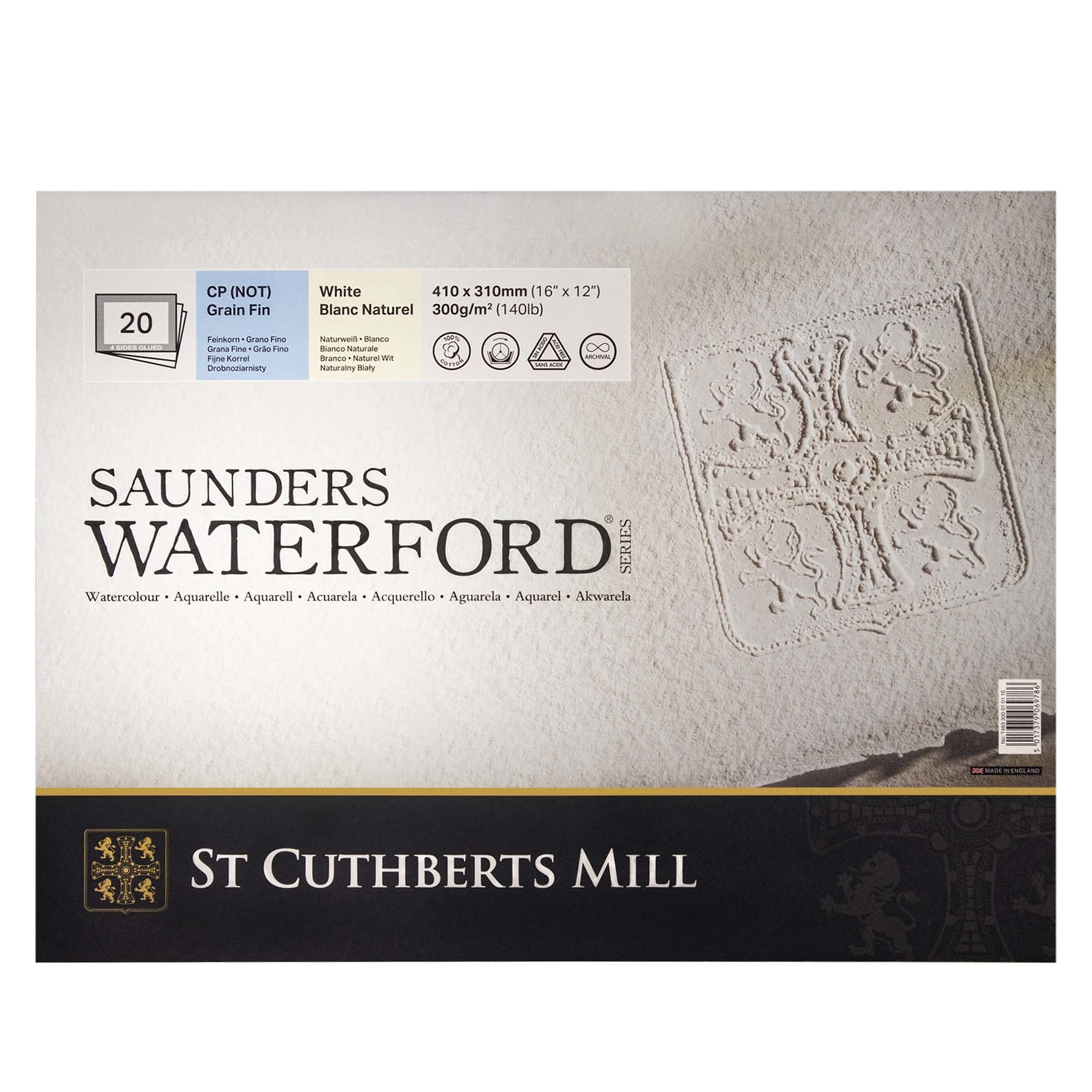 St Cuthberts Saunders Waterford Watercolor Block, Cold Pressed, White, 140lb/300gsm, 20 Sheet, 16x12 inch, 1 Count