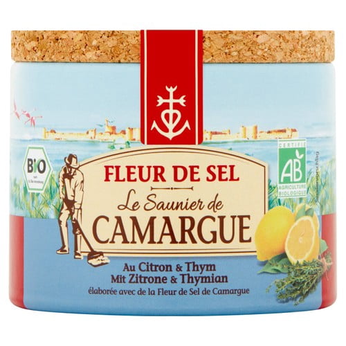 Saunier de Camargue Lemon & Thyme Fleur De Sel Sea Salt 125g, British Import (Pack of 2)