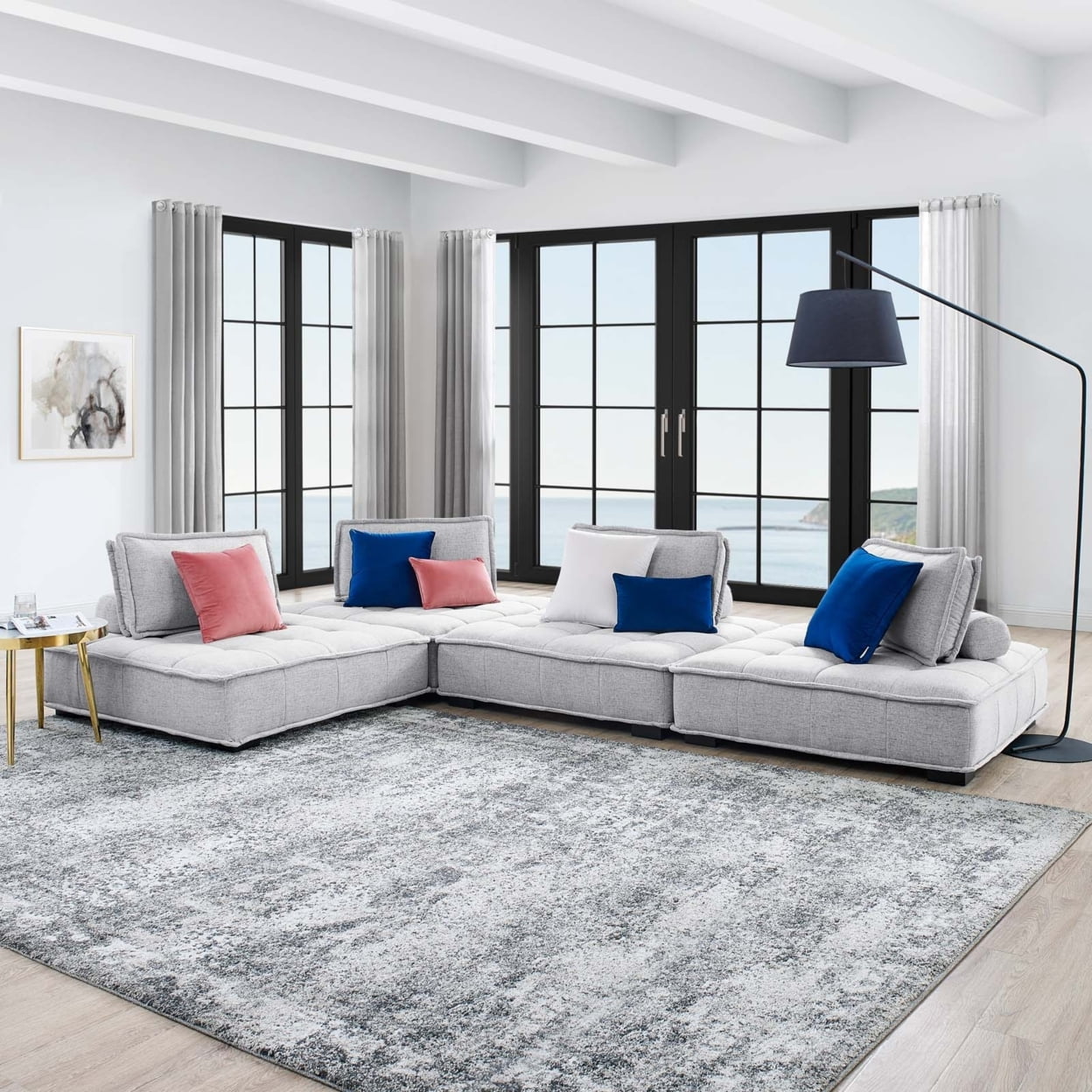 Light Gray Tufted Fabric Four-Piece Sectional Sofa