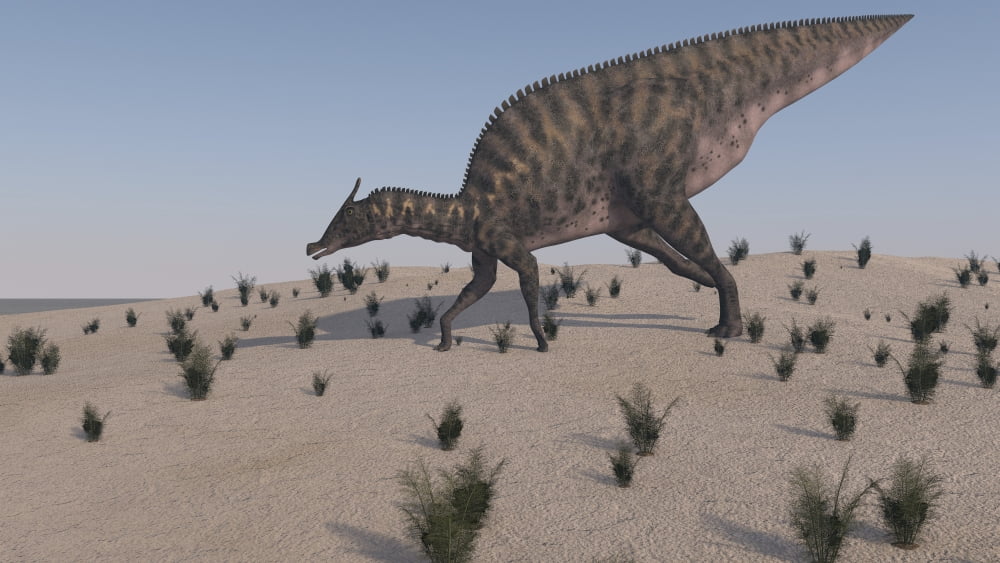 Saurolophus walking across a barren landscape Canvas Art - Kostyantyn IvanyshenStocktrek Images (19 x 11)