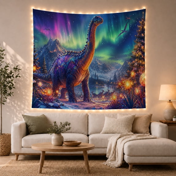 Sauropod Dinosaur Under Aurora, Mystical Fantasy Style for Dinosaur Lovers, Prehistoric Wall Decor, Housewarming Gift, Tapestry Wall Hanging for Bedroom and Gaming Room