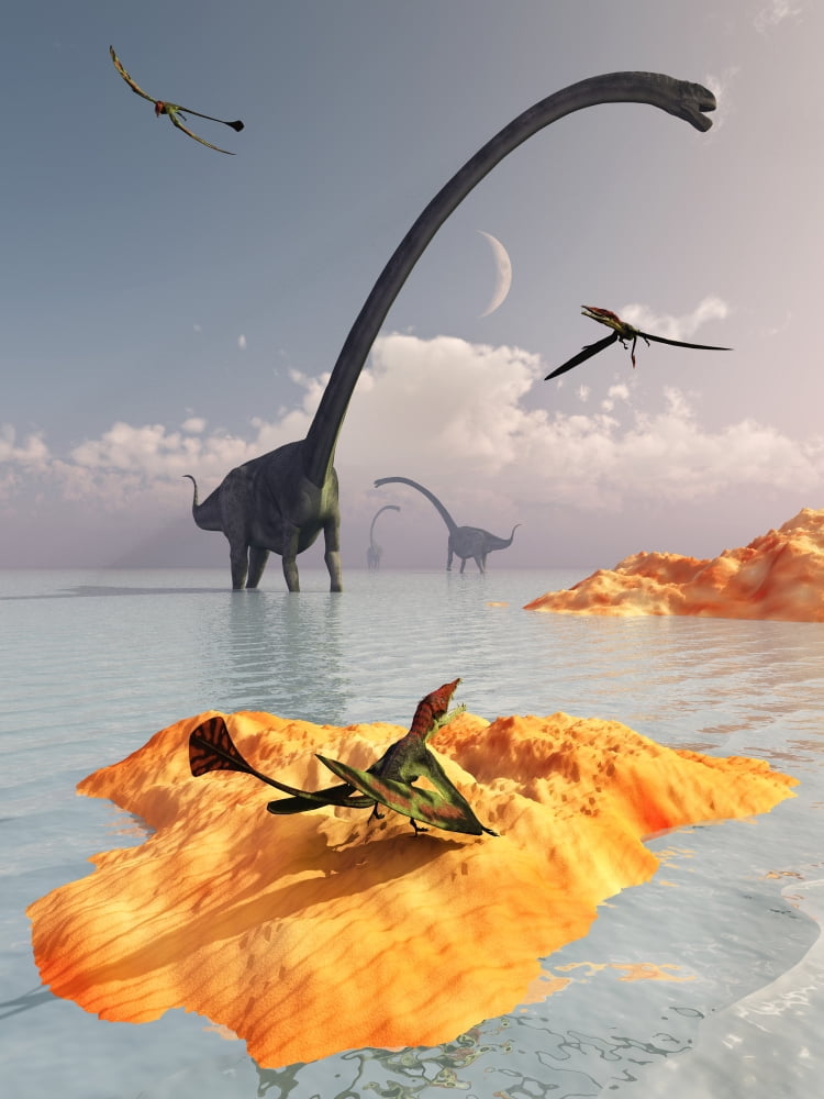 Sauropod Omeisaurs and flying Eudimorphodons Canvas Art - Mark StevensonStocktrek Images (25 x 33)