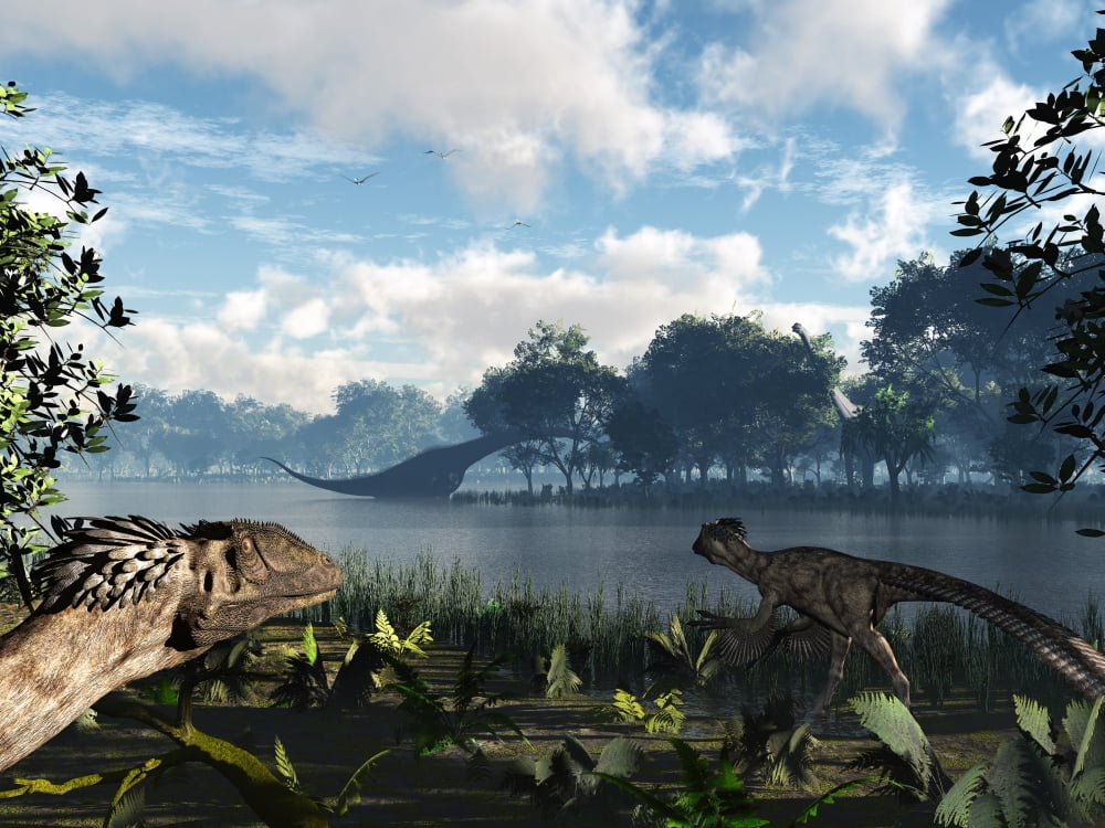 Sauroposeidon graze while feathered Deinonychus look on Canvas Art - Walter MyersStocktrek Images (33 x 25)