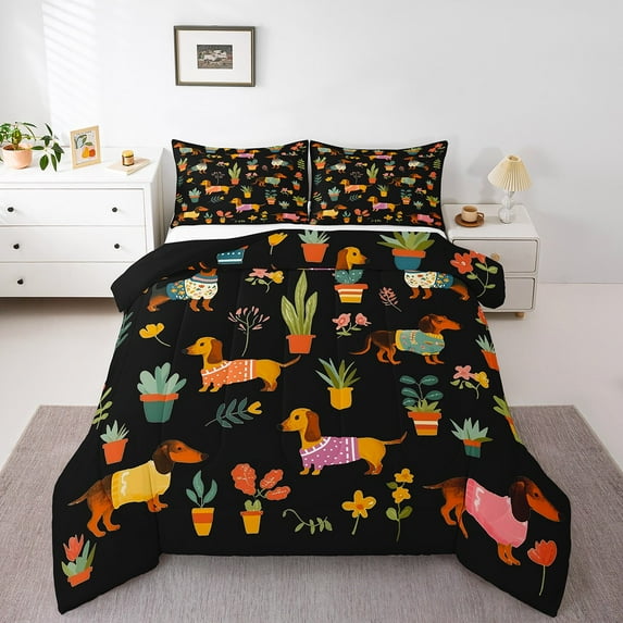 Sausage Dog Comforter Set Full,Dachshund Bedding,Kawaii Dog Quilt for All Season,Colorful Flower Floral Down Comforter with 2 Pillow Cases Bedroom Decor,Luxury Soft