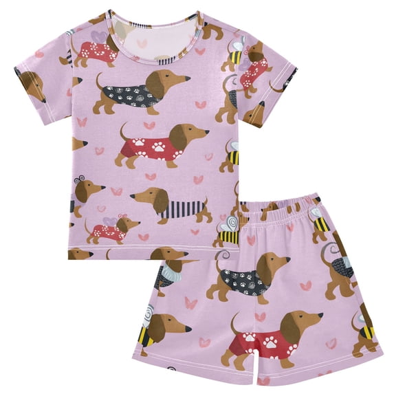 Sausage Dog Pattern Summer Pajama Set Soft Cotton Short Sleeve Sleepwear 2PCS Pajama Sets Breathable Lounge Set Size 12Y