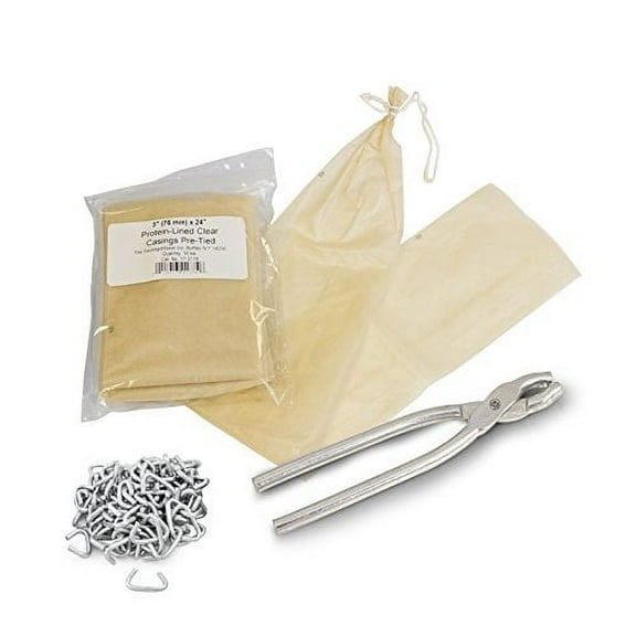 The Sausage Maker - Salami Sausage Casing Kit, Tied and Looped 76mm (3) Dia. x 24 Clear, Meat-Cling, Fibrous Casings (20ct) with Sausage Pliers and Casing Rings