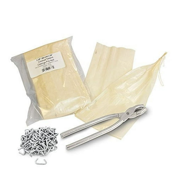 The Sausage Maker - Salami Sausage Casing Kit, Tied and Looped 88mm (3 3/8) Dia. x 24 Clear Fibrous Casings (20ct) with Sausage Pliers and Casing Rings
