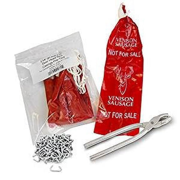 The Sausage Maker - Summer Sausage Casing Kit, Tied and Looped, 61mm (2.4) Dia. x 12 Red Fibrous Deer Print Casings (20ct) with Sausage Pliers and Casing Rings