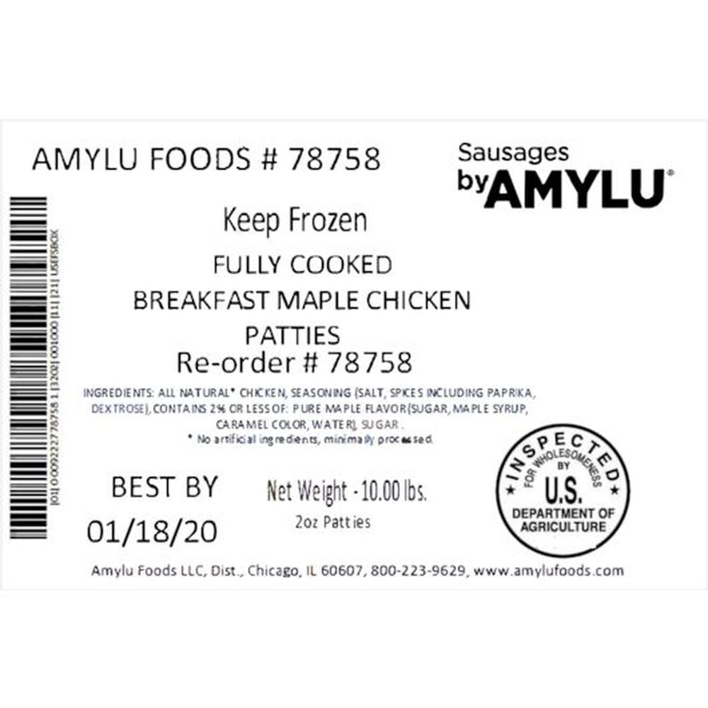Sausages By Amylu Breakfast Maple Chicken Patties, 10 Pound -- 1 each.