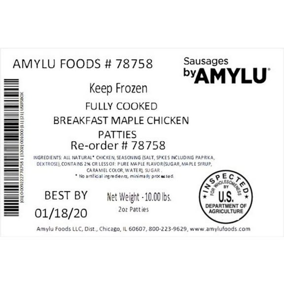 Sausages By Amylu Breakfast Maple Chicken Patties, 10 Pound -- 1 each.