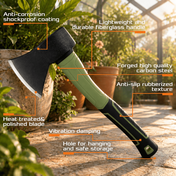Sausalito Green Forged Steel Camping Hatchet with Sheath for Splitting and Kindling Wood
