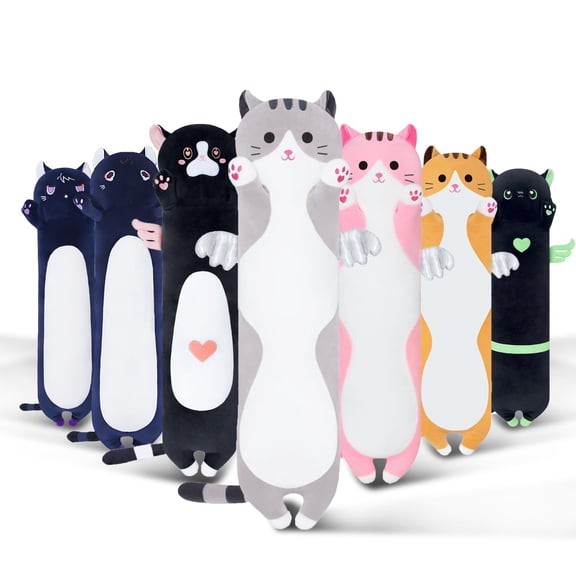 Sausudols Long Cat Body Pillow for Kids, Cute Cat Stuffed Animals Gifts for Girls, Long Cat Plush Toy for Birthday, Soft Cat Plushies Pillow (Grey, 35.4in/90cm) A101