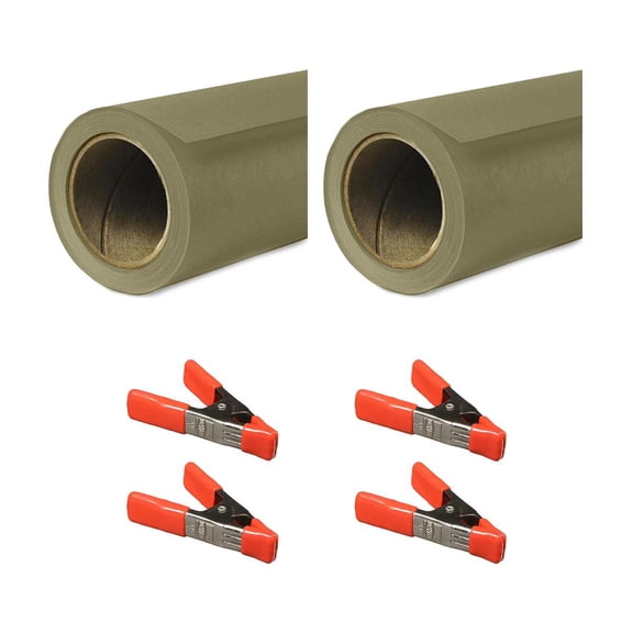 Savage 26"x36' Widetone Seamless Background Paper, Olive Green, 2-Pack, Bundle with 4x 1-1/4x1" Steel Spring Orange Clamp