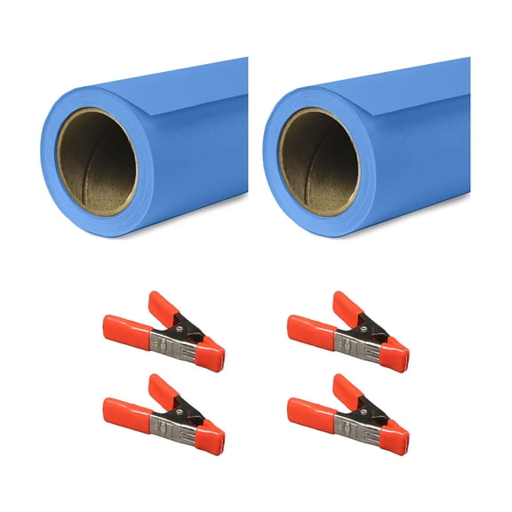 Savage 53"x18' Widetone Seamless Background Paper, Studio Blue, 2-Pack, Bundle with 4x 1-1/4x1" Steel Spring Clamp, Orange