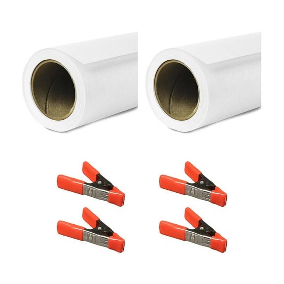 Savage 53"x18' Widetone Seamless Background Paper, Super White, 2-Pack, Bundle with 4x 1-1/4x1" Steel Spring Clamp, Orange