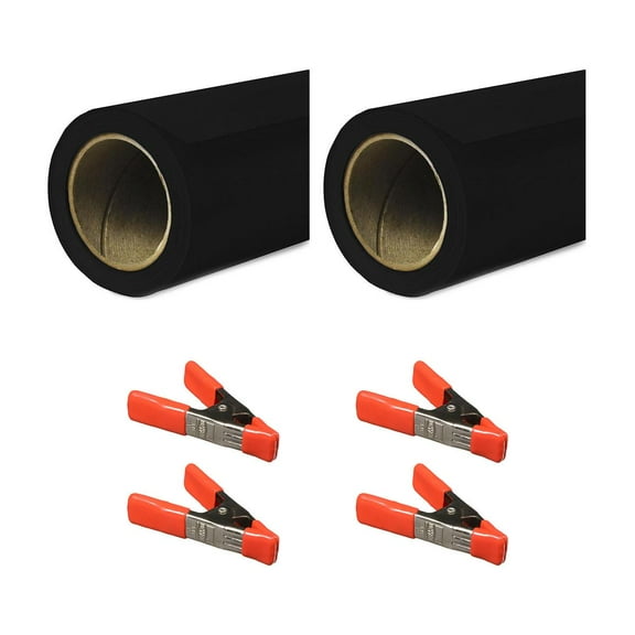 Savage 53"x36' Widetone Seamless Background Paper, Black, 2-Pack, Bundle with 4x 1-1/4x1" Steel Spring Orange Clamp