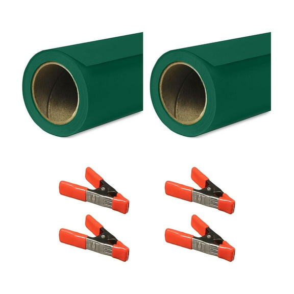 Savage 53"x36' Widetone Seamless Background Paper, Evergreen, 2-Pack, Bundle with 4x 1-1/4x1" Steel Spring Orange Clamp