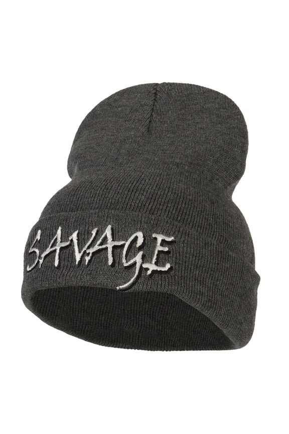 Savage Embroidered Long Knitted Beanie - Dk Grey OSFM
