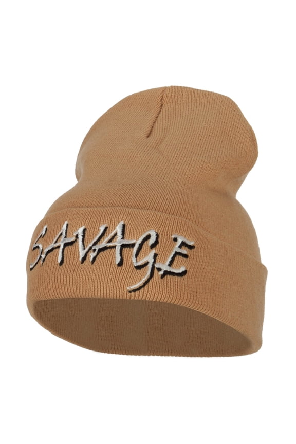 Savage Embroidered Long Knitted Beanie - Khaki OSFM