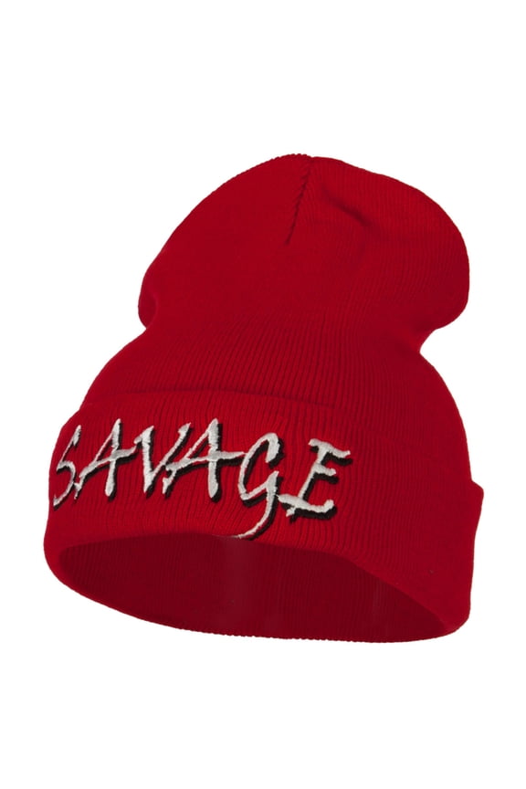 Savage Embroidered Long Knitted Beanie - Red OSFM