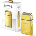 thumbnail image 1 of Savage Foil Shaver for Men, Professional Reciprocating Dual Blade Double Gold Foil Shaver, Hypoallergenic, Rechargeable 90 Minute Runtime, Plug and Play, Gold Metal Body, Kyoto Design, Rotary Motor, 1 of 8