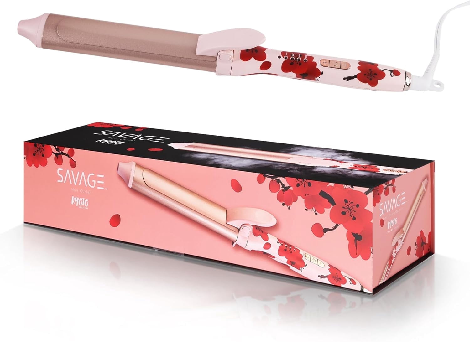 Savage Hair Curler, Professional Curling Wand for Women, Kyoto Design, 1” inch Ceramic Plated Barrel, PTC Heating Element, 5 Temperature Settings 266° - 410°, Auto Off, 360° Swivel 9’ Foot ALCI Cord