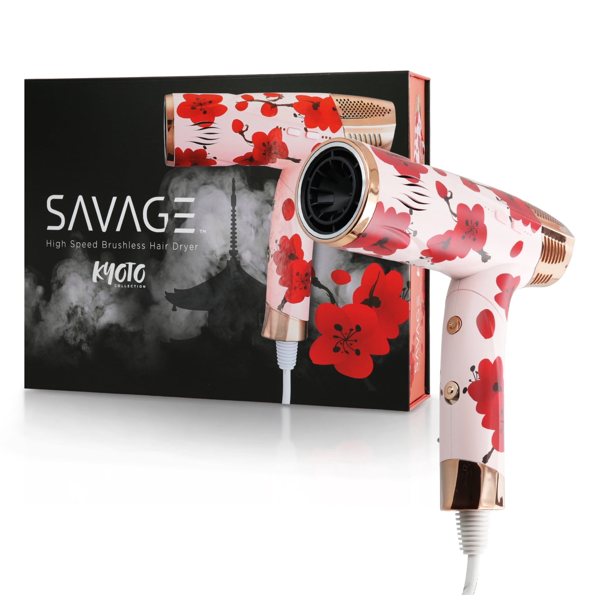 Savage Hair Dryer, Professional Blow Dryer for Women, Kyoto Design, 110,000 RPM Brushless Motor, Cool Shot, Hold, Self Clean, Plasma Functions, Memory System, 4 Styling Nozzles, 9ft Cord