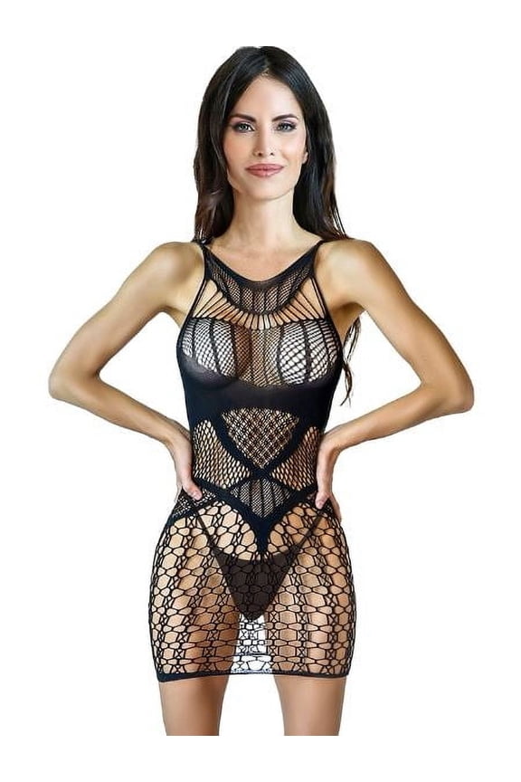 Savage Sexy Lingerie Sleeveless Flirty Fishnet Mini Dress, Black, One Size (Women's)