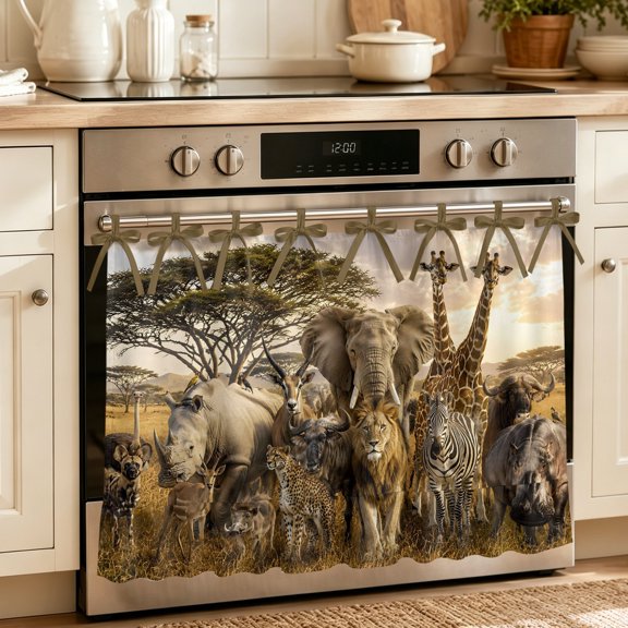 Savanna Lion Elephant Giraffe Zebra Pattern Oven Skirt with Ribbon Ties - Exotic Animal Fabric Print Handmade Oven Curtain for Dishwasher, Washing Machine Cabinet Easy Install, Hide Clutter 27"x20"