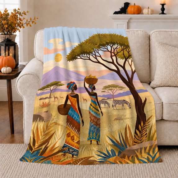 Savanna Walk with African Women beneath Acacia Tree, Peaceful Folk Art Landscape for Safari Lovers, Retirement Gift, Soft Flannel Blanket for Bedroom and Guest Room, Artistic Home Decor