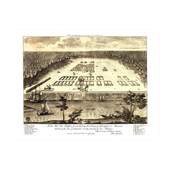 Savannah Art, 1734 Vintage Map of Savannah Georgia, GA History Wall Decor Gift, Old Savannah Map - 24" x 18" Unframed Print
