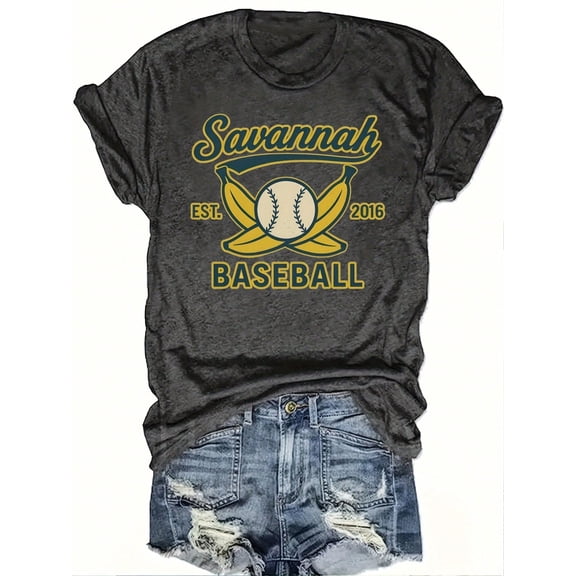 Savannah BASEBALL Women's Casual Baseball Graphic T-Shirt - Dark Gray With Yellow Lettering & Baseball Design, Short Sleeve, Machine Washable, All-Season Comfort, Perfect Gift For S Fans, Y Style, Bo