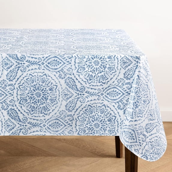 Savannah Boho Paisley Water- and Stain-Resistant Vinyl Tablecloth with Flannel Backing, Inches, Rectangle, Blue