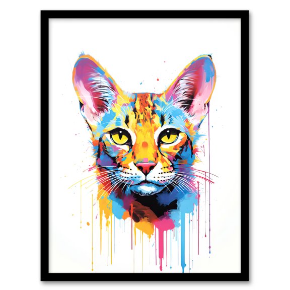 Savannah Cat Lover Gift Pet Portrait Orange Blue Pink Artwork Painting Art Print Framed Poster Wall Decor 12x16 inch