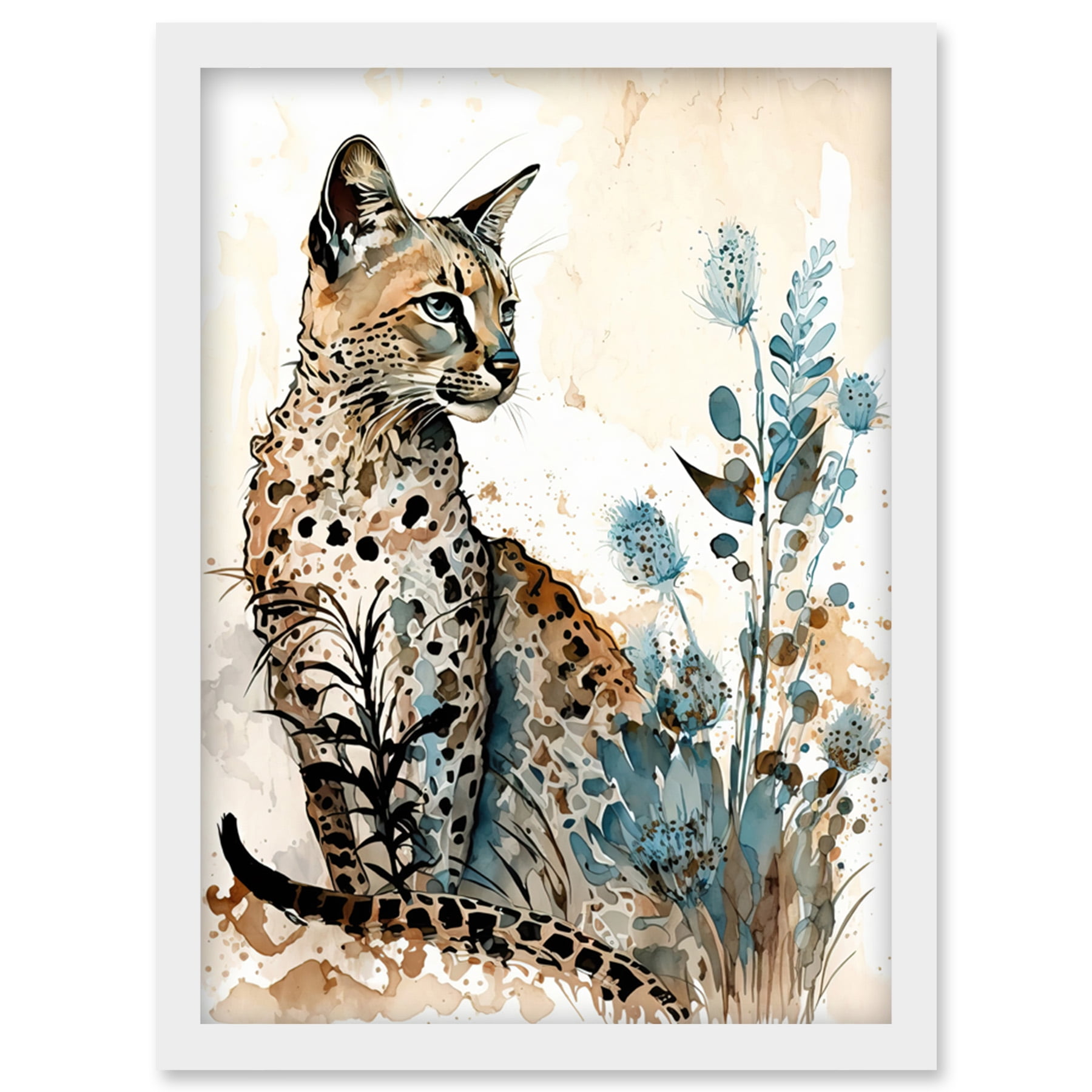 BTS  ファインアート　スクリーンプリント Savannah Cat and Wildflowers Modern Watercolour and Ink