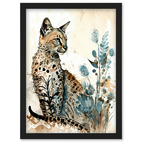 Savannah Cat and Wildflowers Modern Watercolour and Ink Illustration Artwork Framed Wall Art Print A4