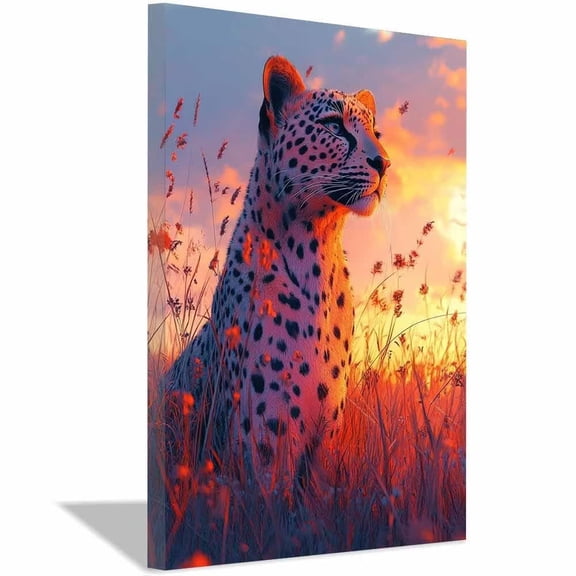Savannah Cheetah Golden Sunset Tall Wild Grass Pastel Sky Canvas Wall Poster,Dreamy Wildlife Landscape for Office Lounge Ready to Hang-12"L x 8"W