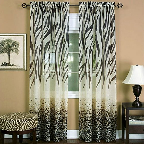 Savannah Collection Wild Safari Zebra and Leopard Print Set of 2 Sheer Panels in Brown (50" x 63")